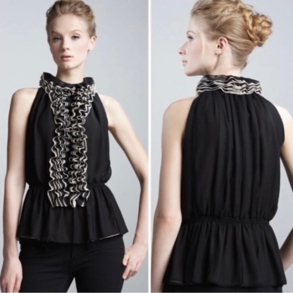Neiman Marcus Robert Rodriguez Target Lace Ruffle Black Peplum Blouse Shirt - Picture 14 of 15